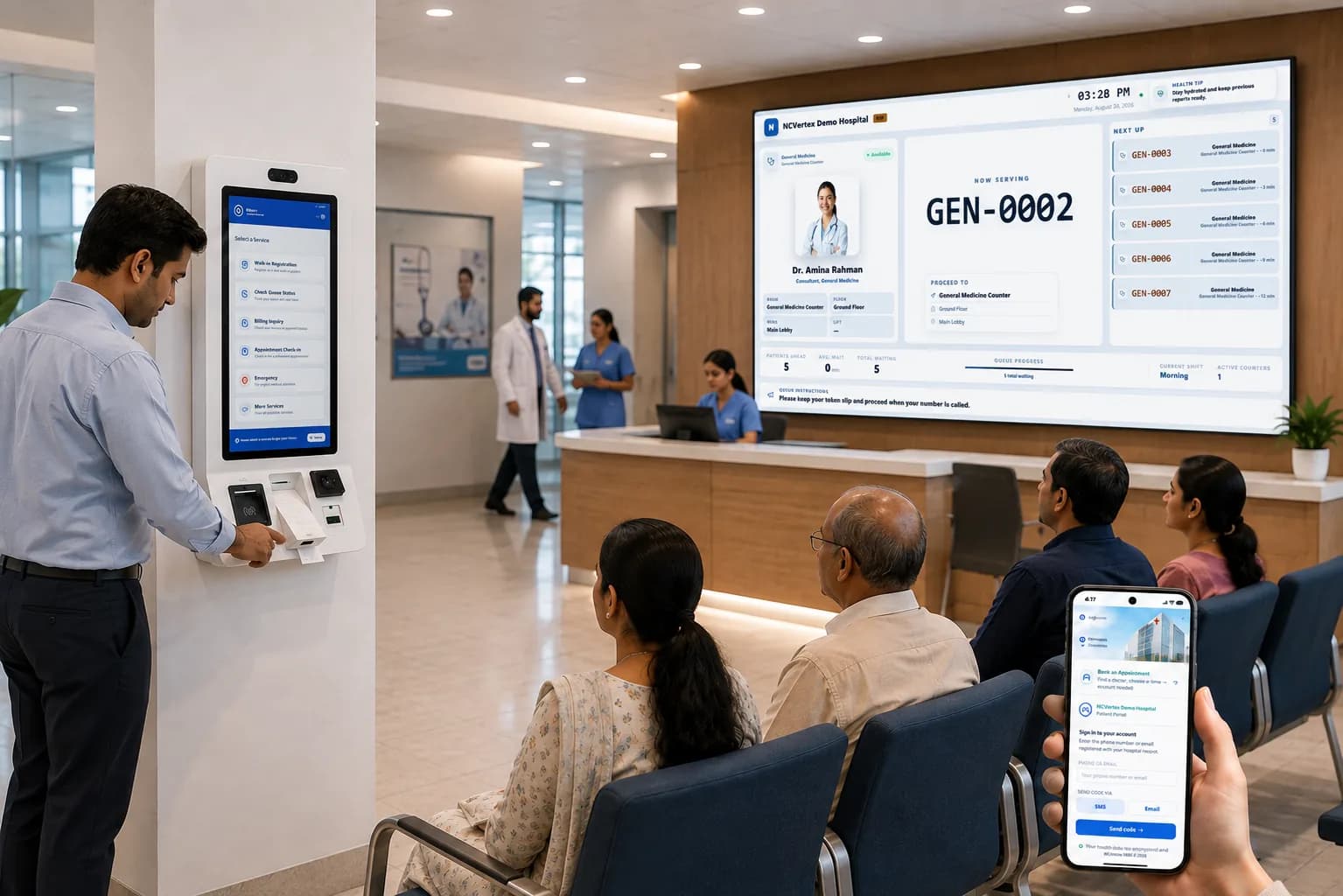 Hospital reception running the NCVertex check-in kiosk and queue display